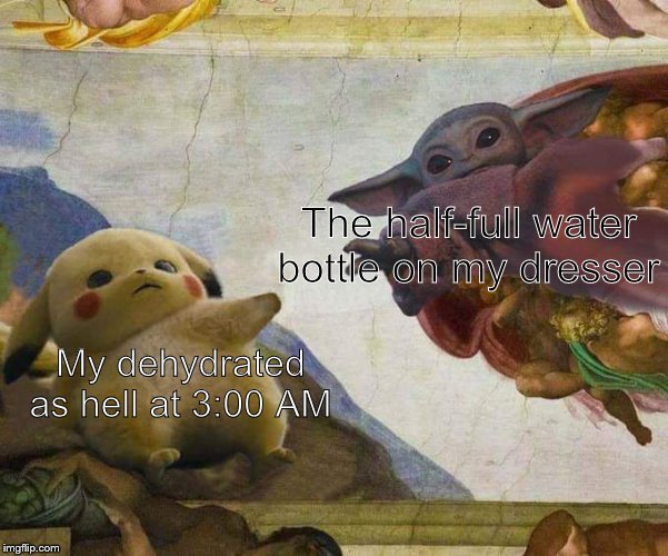 Pikachu and Baby Yoda | The half-full water bottle on my dresser; My dehydrated as hell at 3:00 AM | image tagged in pikachu and baby yoda,dehydrated | made w/ Imgflip meme maker