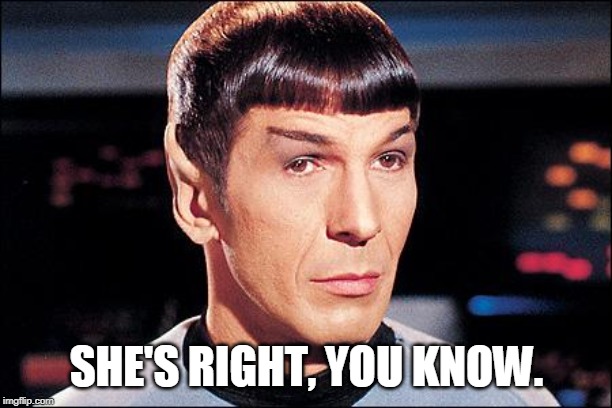 Condescending Spock | SHE'S RIGHT, YOU KNOW. | image tagged in condescending spock | made w/ Imgflip meme maker