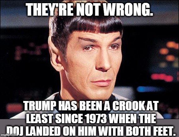 Condescending Spock | THEY'RE NOT WRONG. TRUMP HAS BEEN A CROOK AT LEAST SINCE 1973 WHEN THE DOJ LANDED ON HIM WITH BOTH FEET. | image tagged in condescending spock | made w/ Imgflip meme maker