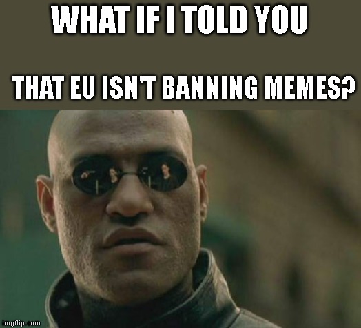 Matrix Morpheus Meme | WHAT IF I TOLD YOU; THAT EU ISN'T BANNING MEMES? | image tagged in memes,matrix morpheus | made w/ Imgflip meme maker