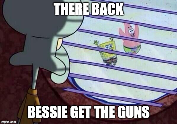 Squidward window | THERE BACK; BESSIE GET THE GUNS | image tagged in squidward window | made w/ Imgflip meme maker