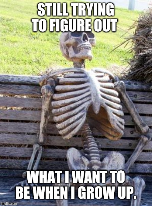 Waiting Skeleton | STILL TRYING TO FIGURE OUT; WHAT I WANT TO BE WHEN I GROW UP. | image tagged in memes,waiting skeleton | made w/ Imgflip meme maker