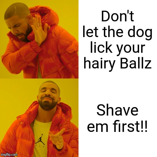 My dog only licks my fingers, especially when I've been playing with my Ballz ? | Don't let the dog lick your hairy Ballz; Shave em first!! | image tagged in memes,drake hotline bling | made w/ Imgflip meme maker
