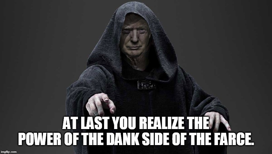 sith lord trump | AT LAST YOU REALIZE THE POWER OF THE DANK SIDE OF THE FARCE. | image tagged in sith lord trump | made w/ Imgflip meme maker