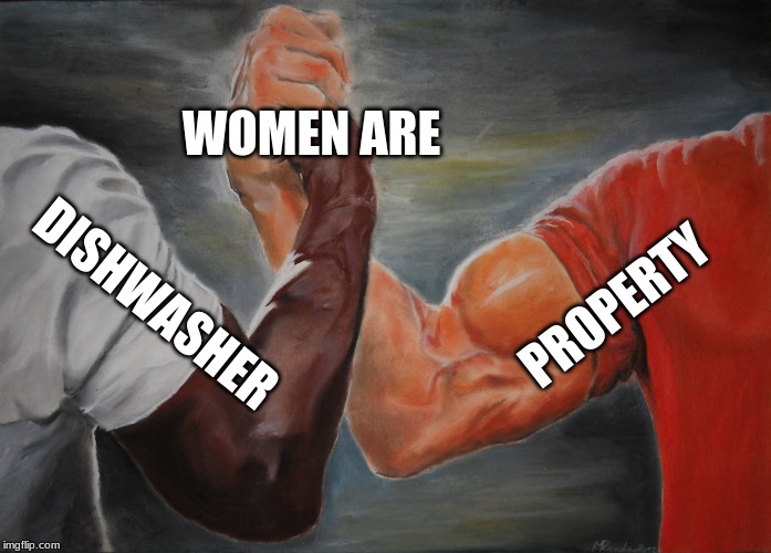 Epic Handshake | WOMEN ARE; PROPERTY; DISHWASHER | image tagged in epic handshake | made w/ Imgflip meme maker