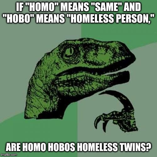 Philosoraptor Meme | IF "HOMO" MEANS "SAME" AND "HOBO" MEANS "HOMELESS PERSON,"; ARE HOMO HOBOS HOMELESS TWINS? | image tagged in memes,philosoraptor | made w/ Imgflip meme maker