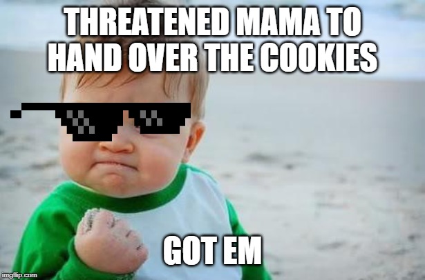 Fist pump baby | THREATENED MAMA TO HAND OVER THE COOKIES; GOT EM | image tagged in fist pump baby | made w/ Imgflip meme maker