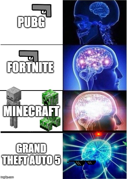 Expanding Brain Meme | PUBG; FORTNITE; MINECRAFT; GRAND THEFT AUTO 5 | image tagged in memes,expanding brain | made w/ Imgflip meme maker