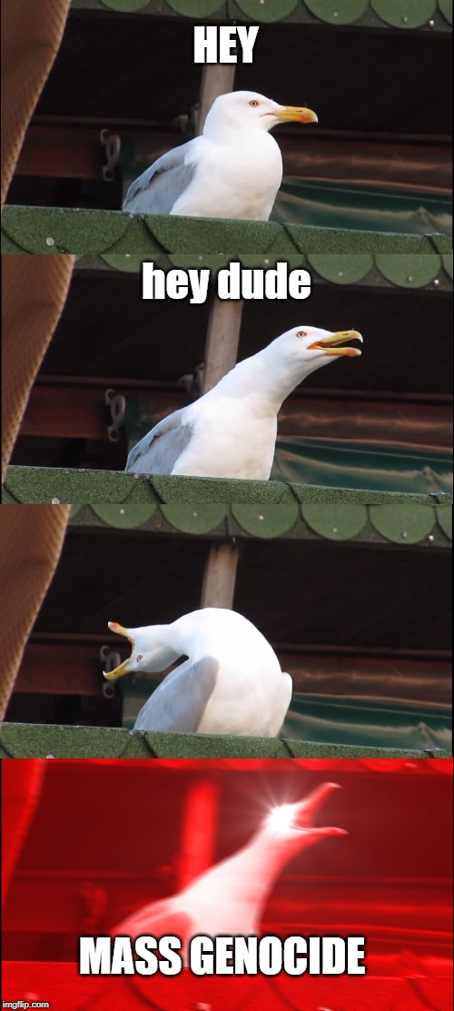 Inhaling Seagull Meme | HEY; hey dude; MASS GENOCIDE | image tagged in memes,inhaling seagull | made w/ Imgflip meme maker