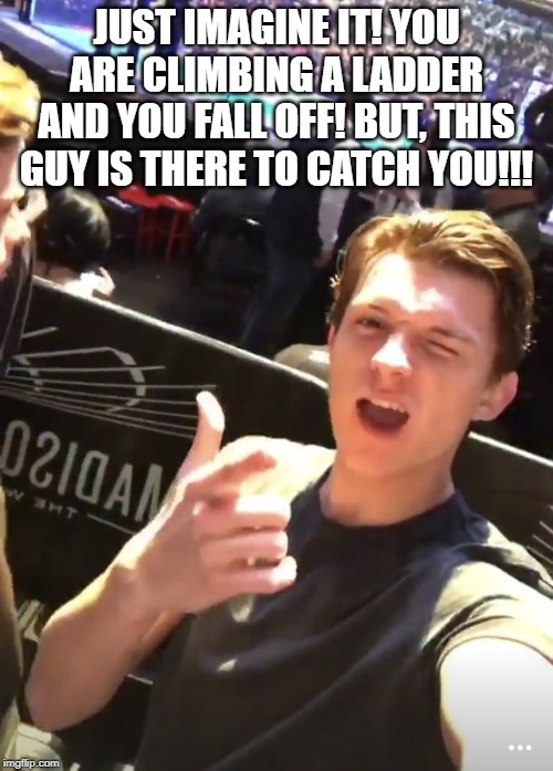 I got you (Tom Holland) | JUST IMAGINE IT! YOU ARE CLIMBING A LADDER AND YOU FALL OFF! BUT, THIS GUY IS THERE TO CATCH YOU!!! | image tagged in i got you tom holland | made w/ Imgflip meme maker