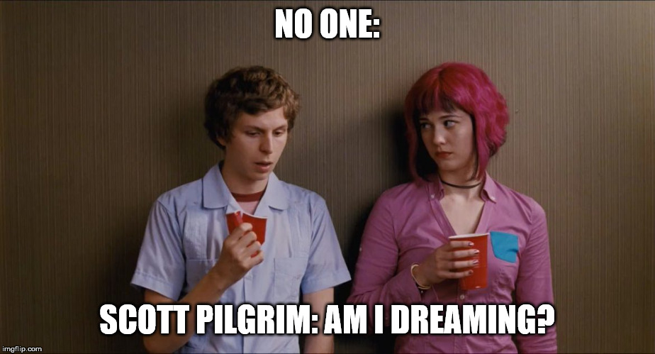Scott Pilgrim Meme | NO ONE:; SCOTT PILGRIM: AM I DREAMING? | image tagged in scott pilgrim,ramona flowers | made w/ Imgflip meme maker