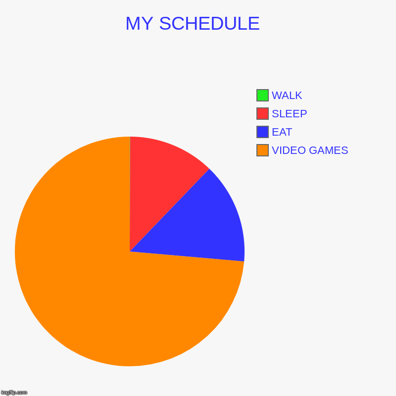 MY SCHEDULE  | VIDEO GAMES, EAT, SLEEP, WALK | image tagged in charts,pie charts | made w/ Imgflip chart maker