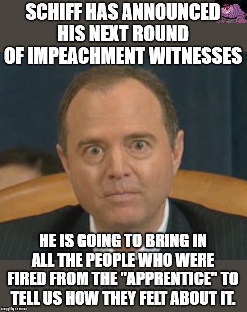 He needs more hearsay and feelings. | SCHIFF HAS ANNOUNCED HIS NEXT ROUND OF IMPEACHMENT WITNESSES; HE IS GOING TO BRING IN ALL THE PEOPLE WHO WERE FIRED FROM THE "APPRENTICE" TO TELL US HOW THEY FELT ABOUT IT. | image tagged in crazy adam schiff | made w/ Imgflip meme maker