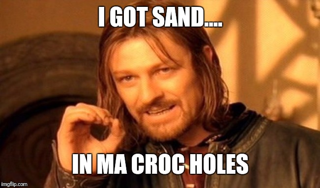 One Does Not Simply | I GOT SAND.... IN MA CROC HOLES | image tagged in memes,one does not simply | made w/ Imgflip meme maker