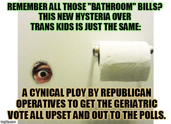 Hey there, grampa, you're being played. They think you're awfully stupid. | REMEMBER ALL THOSE "BATHROOM" BILLS? 
THIS NEW HYSTERIA OVER 
TRANS KIDS IS JUST THE SAME:; A CYNICAL PLOY BY REPUBLICAN OPERATIVES TO GET THE GERIATRIC VOTE ALL UPSET AND OUT TO THE POLLS. | image tagged in bathroom peeping tom,transgender,transphobic,trans,manipulation,voters | made w/ Imgflip meme maker