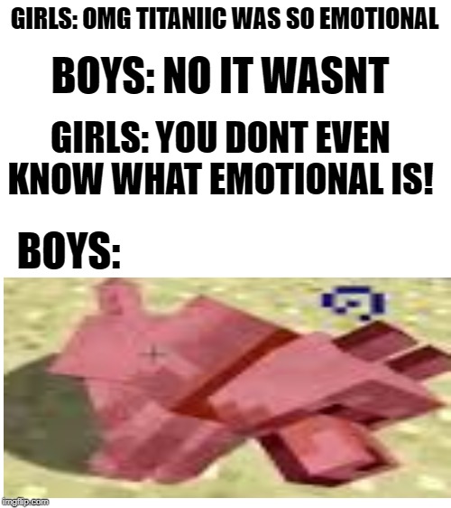 Blank White Template | GIRLS: OMG TITANIIC WAS SO EMOTIONAL; BOYS: NO IT WASNT; GIRLS: YOU DONT EVEN KNOW WHAT EMOTIONAL IS! BOYS: | image tagged in blank white template | made w/ Imgflip meme maker