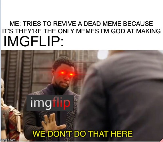 If memes begging for upvotes get the front page, then dead memes can too. Cause I don’t have any ideas. | IMGFLIP:; ME: TRIES TO REVIVE A DEAD MEME BECAUSE IT’S THEY’RE THE ONLY MEMES I’M GOD AT MAKING; WE DON’T DO THAT HERE | image tagged in we don't do that here,memes | made w/ Imgflip meme maker