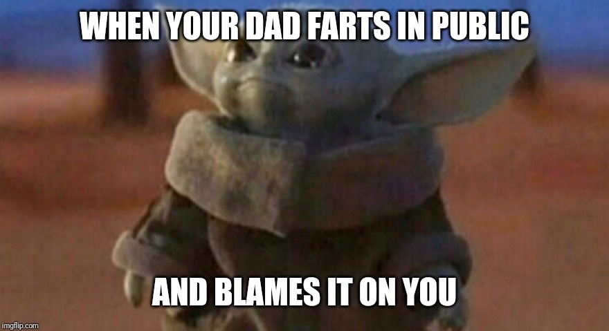 WHEN YOUR DAD FARTS IN PUBLIC; AND BLAMES IT ON YOU | image tagged in baby yoda,parents | made w/ Imgflip meme maker