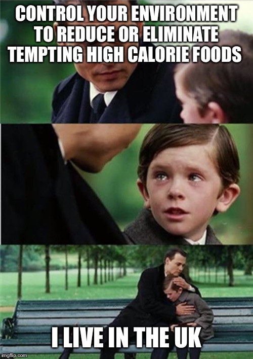 Finding Neverland inverted | CONTROL YOUR ENVIRONMENT TO REDUCE OR ELIMINATE TEMPTING HIGH CALORIE FOODS; I LIVE IN THE UK | image tagged in finding neverland inverted | made w/ Imgflip meme maker