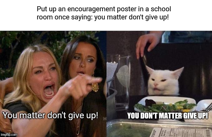 Woman Yelling At Cat | Put up an encouragement poster in a school room once saying: you matter don't give up! You matter don't give up! YOU DON'T MATTER GIVE UP! | image tagged in memes,woman yelling at cat | made w/ Imgflip meme maker