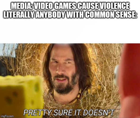 im pretty sure it doesnt | MEDIA: VIDEO GAMES CAUSE VIOLENCE
LITERALLY ANYBODY WITH COMMON SENSE: | image tagged in im pretty sure it doesnt | made w/ Imgflip meme maker