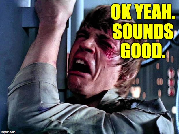 Luke Skywalker Crying | OK YEAH.
SOUNDS
GOOD. | image tagged in luke skywalker crying | made w/ Imgflip meme maker