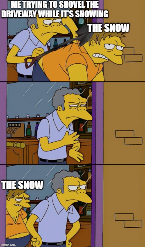 Throwing Out | ME TRYING TO SHOVEL THE DRIVEWAY WHILE IT'S SNOWING; THE SNOW; THE SNOW | image tagged in throwing out | made w/ Imgflip meme maker