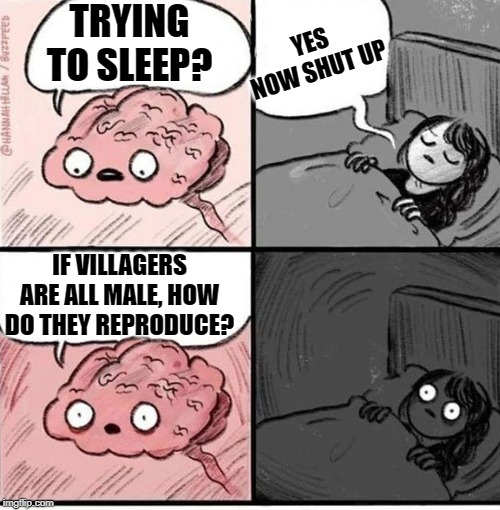 Trying to sleep | TRYING TO SLEEP? YES NOW SHUT UP; IF VILLAGERS ARE ALL MALE, HOW DO THEY REPRODUCE? | image tagged in trying to sleep | made w/ Imgflip meme maker