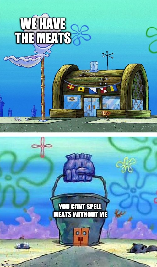 Krusty Krab Vs Chum Bucket Blank | WE HAVE THE MEATS; YOU CANT SPELL MEATS WITHOUT ME | image tagged in memes,krusty krab vs chum bucket blank | made w/ Imgflip meme maker
