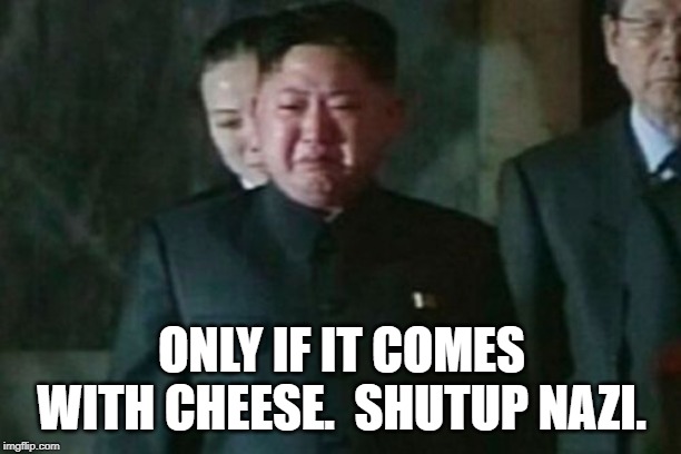 Kim Jong Un Sad Meme | ONLY IF IT COMES WITH CHEESE.  SHUTUP NAZI. | image tagged in memes,kim jong un sad | made w/ Imgflip meme maker