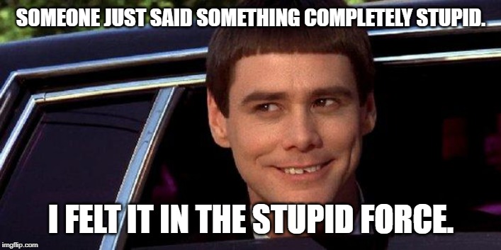 dumb and dumber | SOMEONE JUST SAID SOMETHING COMPLETELY STUPID. I FELT IT IN THE STUPID FORCE. | image tagged in dumb and dumber | made w/ Imgflip meme maker