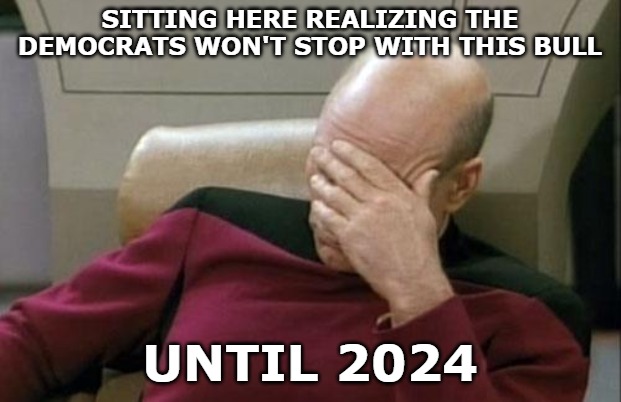 Captain Picard Facepalm | SITTING HERE REALIZING THE DEMOCRATS WON'T STOP WITH THIS BULL; UNTIL 2024 | image tagged in memes,captain picard facepalm | made w/ Imgflip meme maker