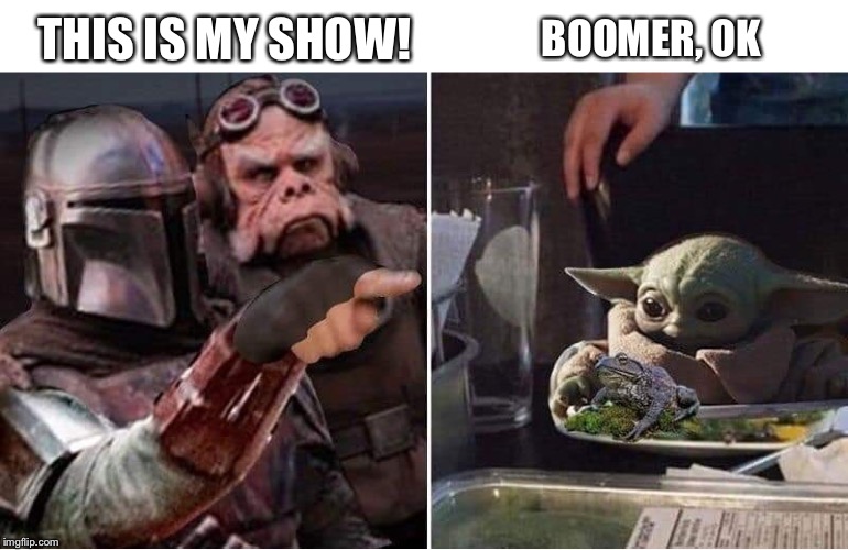 Mandalorian Yelling at Baby Yoda | THIS IS MY SHOW! BOOMER, OK | image tagged in mandalorian yelling at baby yoda | made w/ Imgflip meme maker