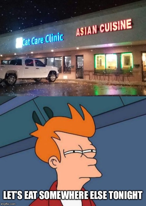 Too close for comfort | LET’S EAT SOMEWHERE ELSE TONIGHT | image tagged in memes,futurama fry,cats,veterinarian,chinese food,suspicious | made w/ Imgflip meme maker