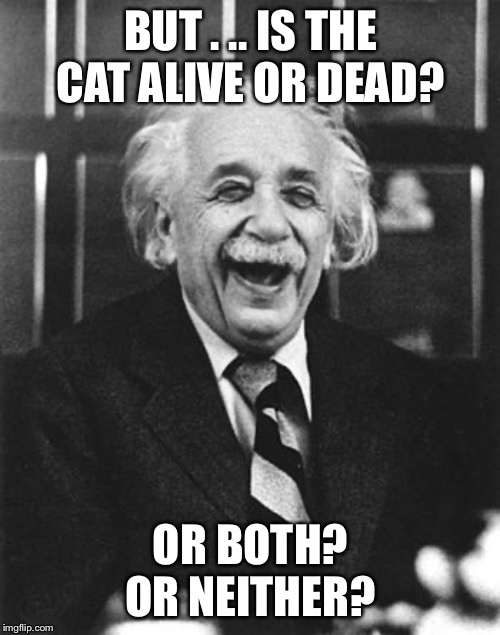 Einstein laugh | BUT . .. IS THE CAT ALIVE OR DEAD? OR BOTH? OR NEITHER? | image tagged in einstein laugh | made w/ Imgflip meme maker