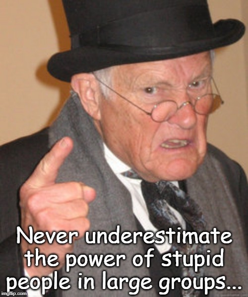 Just sayin'... | Never underestimate the power of stupid people in large groups... | image tagged in back in my day,never,underestimate,stupid,people | made w/ Imgflip meme maker