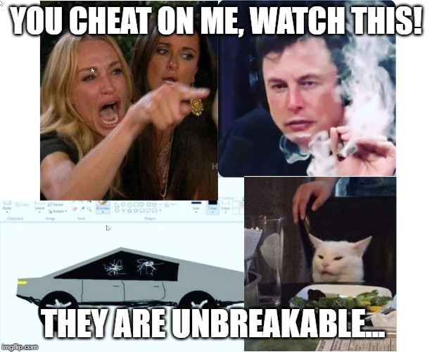 Elon Musk Broken Window Cat | YOU CHEAT ON ME, WATCH THIS! THEY ARE UNBREAKABLE... | image tagged in elon musk,woman yelling at cat,cybertruck,repost | made w/ Imgflip meme maker