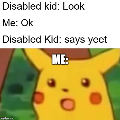 Surprised Pikachu Meme | Disabled kid: Look; Me: Ok; Disabled Kid: says yeet; ME: | image tagged in memes,surprised pikachu | made w/ Imgflip meme maker