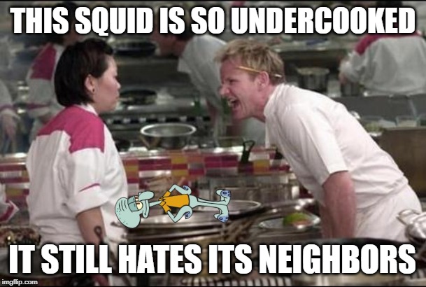 Angry Chef Gordon Ramsay Meme | THIS SQUID IS SO UNDERCOOKED; IT STILL HATES ITS NEIGHBORS | image tagged in memes,angry chef gordon ramsay,squidward | made w/ Imgflip meme maker