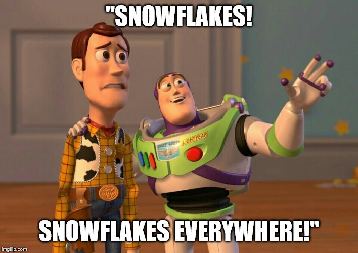 X, X everywhere (buzz and woody) | "SNOWFLAKES! SNOWFLAKES EVERYWHERE!" | image tagged in x x everywhere buzz and woody | made w/ Imgflip meme maker