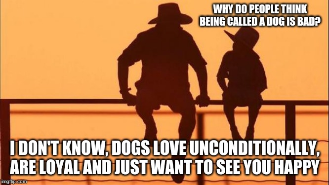 You are a dog | WHY DO PEOPLE THINK BEING CALLED A DOG IS BAD? I DON'T KNOW, DOGS LOVE UNCONDITIONALLY, ARE LOYAL AND JUST WANT TO SEE YOU HAPPY | image tagged in cowboy father and son,cowboy wisdom on dogs,you are a dog,be a dog,love unconditionally | made w/ Imgflip meme maker