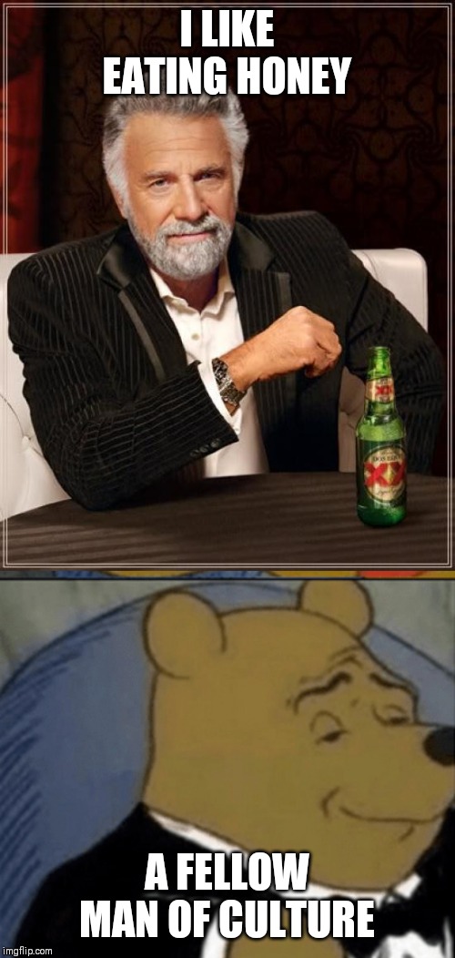 I LIKE EATING HONEY; A FELLOW MAN OF CULTURE | image tagged in memes,the most interesting man in the world,tuxedo winnie the pooh | made w/ Imgflip meme maker