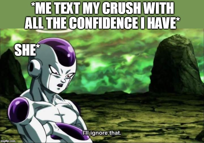 Frieza Dragon ball super "I'll ignore that" | *ME TEXT MY CRUSH WITH ALL THE CONFIDENCE I HAVE*; SHE* | image tagged in frieza dragon ball super i'll ignore that | made w/ Imgflip meme maker
