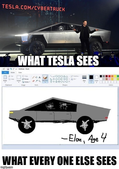 Cybertruk | WHAT TESLA SEES; WHAT EVERY ONE ELSE SEES | image tagged in tesla | made w/ Imgflip meme maker
