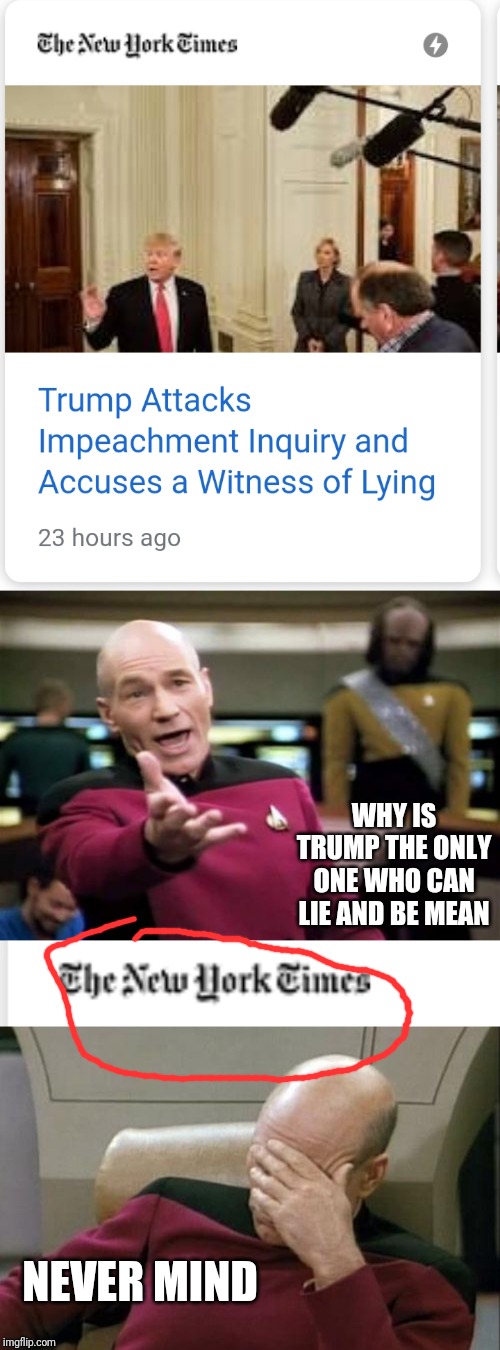 WHY IS TRUMP THE ONLY ONE WHO CAN LIE AND BE MEAN; NEVER MIND | image tagged in memes,picard wtf,captain picard facepalm | made w/ Imgflip meme maker