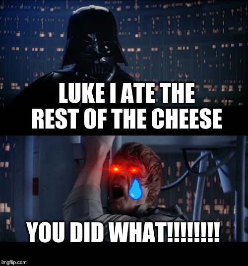 Star Wars No Meme | LUKE I ATE THE REST OF THE CHEESE; YOU DID WHAT!!!!!!!! | image tagged in memes,star wars no | made w/ Imgflip meme maker
