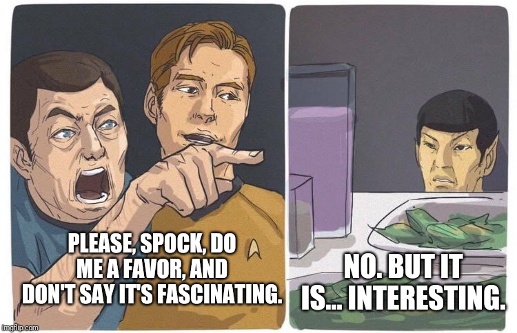 NO. BUT IT IS... INTERESTING. PLEASE, SPOCK, DO ME A FAVOR, AND DON'T SAY IT'S FASCINATING. | image tagged in star trek,woman yelling at cat | made w/ Imgflip meme maker