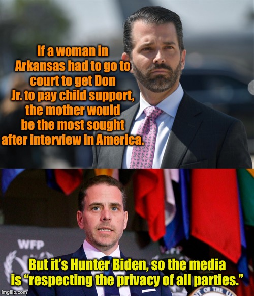 The media is so obviously biased against Trump that they’re pushing people towards him instead of away from him.  Landslide 2020 | If a woman in Arkansas had to go to court to get Don Jr. to pay child support, the mother would be the most sought after interview in America. But it’s Hunter Biden, so the media is “respecting the privacy of all parties.” | image tagged in maga | made w/ Imgflip meme maker