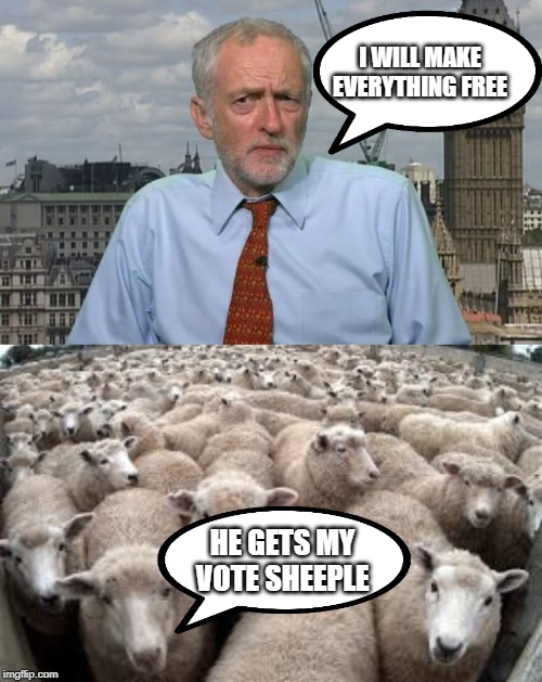 I WILL MAKE EVERYTHING FREE; HE GETS MY VOTE SHEEPLE | image tagged in jeremy corbyn,sheepthis time is different | made w/ Imgflip meme maker