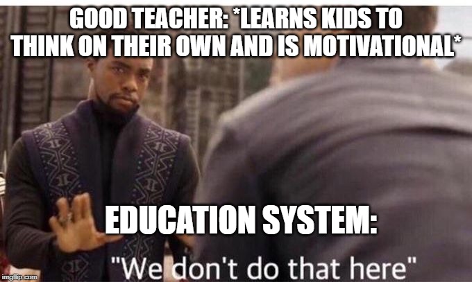 We dont do that here | GOOD TEACHER: *LEARNS KIDS TO THINK ON THEIR OWN AND IS MOTIVATIONAL*; EDUCATION SYSTEM: | image tagged in we dont do that here | made w/ Imgflip meme maker